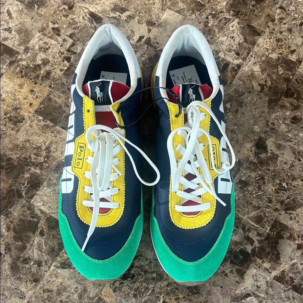 Polo by Ralph Lauren Men’s Navy, Yellow & Green Racing Sneakers
